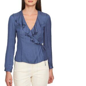 1.STATE Ruffled Dot Jacquard Top In Antique Blue